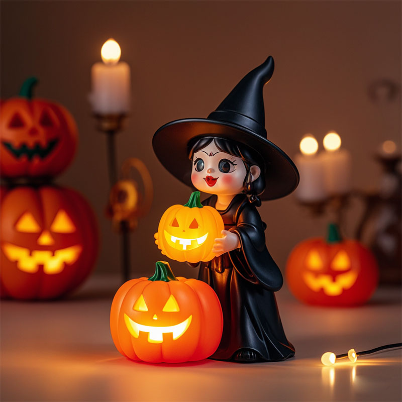 東莞廠家定制萬(wàn)圣節(jié)氛圍擺件南瓜巫女燈pvc塑膠人偶手辦桌面擺件